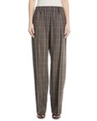 Elasticized-waist Plaid Wool Pull-on Pants W/ Monili Belt