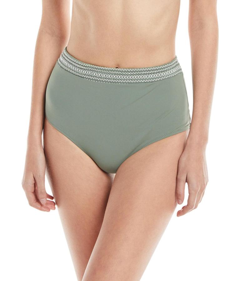 High-waist Smocked-band Swim Bikini Bottoms, Green