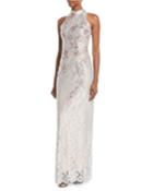 Rhinestoned Mock-neck Column Gown