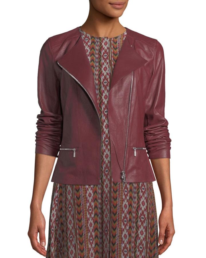 Trista Zip-front Weathered Lambskin Leather Jacket W/ Jersey Combo