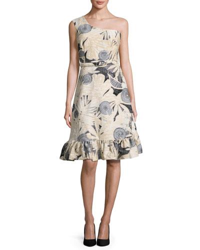 Tropical-jacquard One-shoulder Dress, Black/white