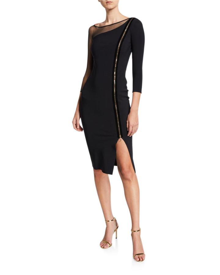 3/4-sleeve Asymmetric Zip-front Cocktail Dress W/