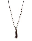 Long Beaded Tassel Pendant Necklace, Brown/white