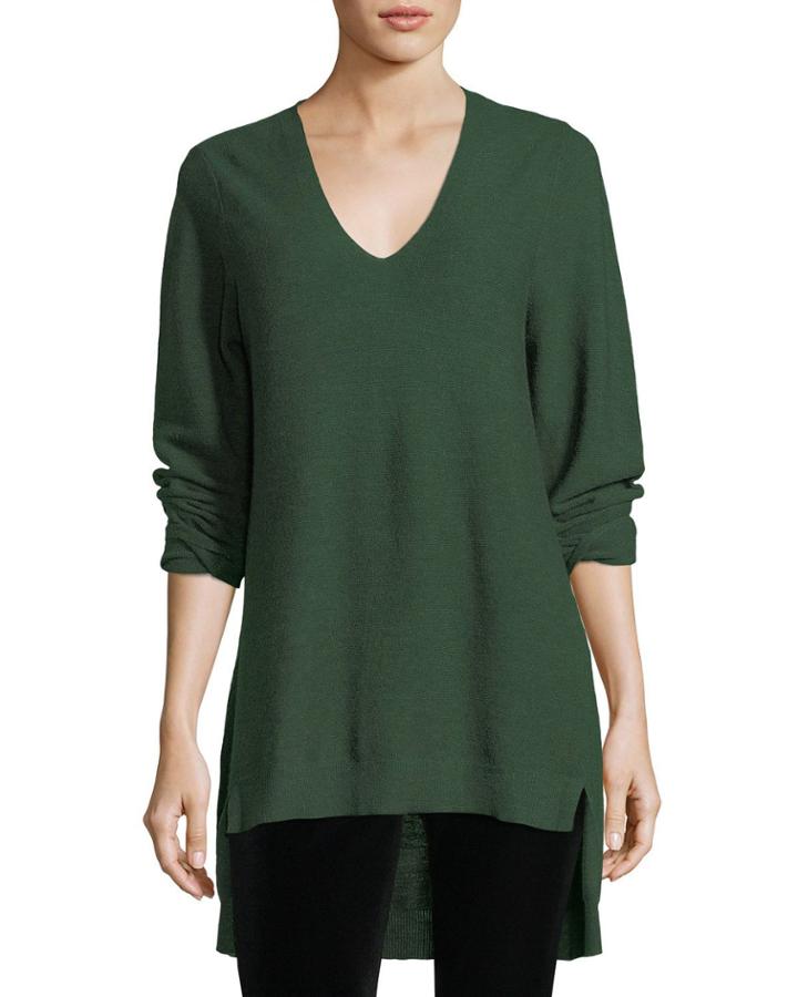 Long-sleeve V-neck High-low Wool Top,