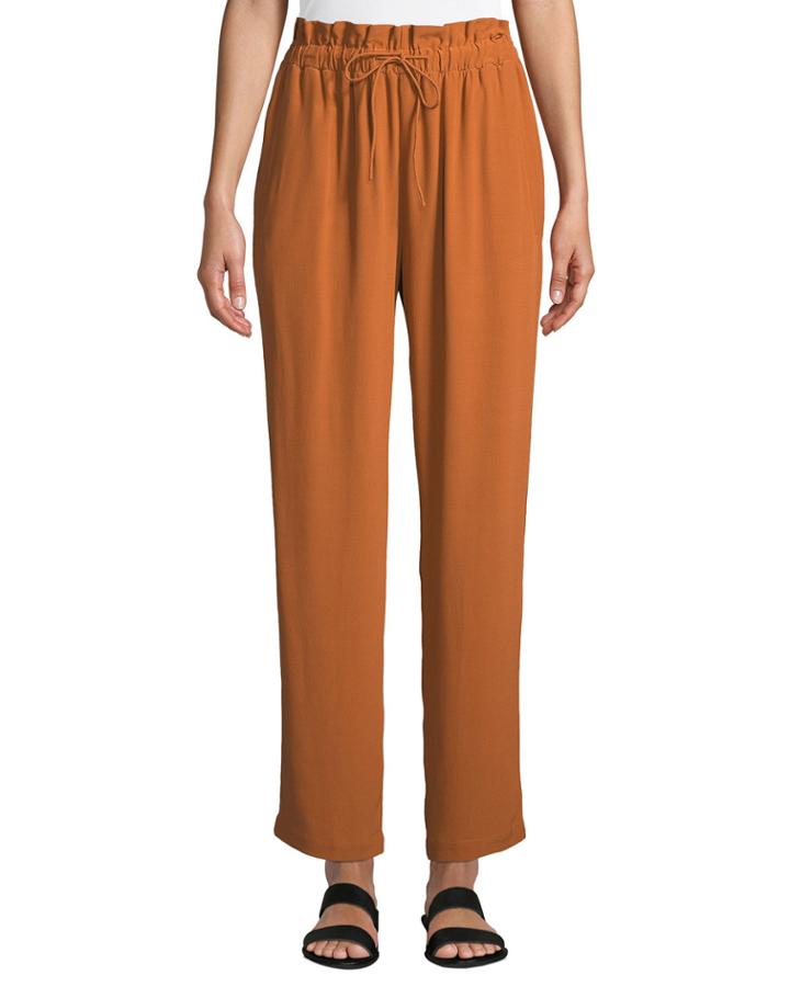 Straight-leg Crepe Ankle Pants W/ Drawstring Waist