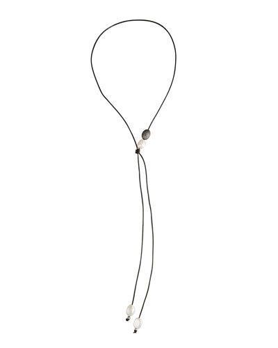 Long Leather Lariat Choker Necklace W/ Pearls, White