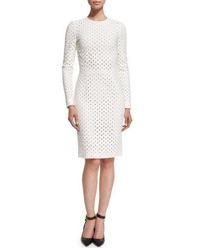Long-sleeve Broderie Anglaise Dress, Chalk
