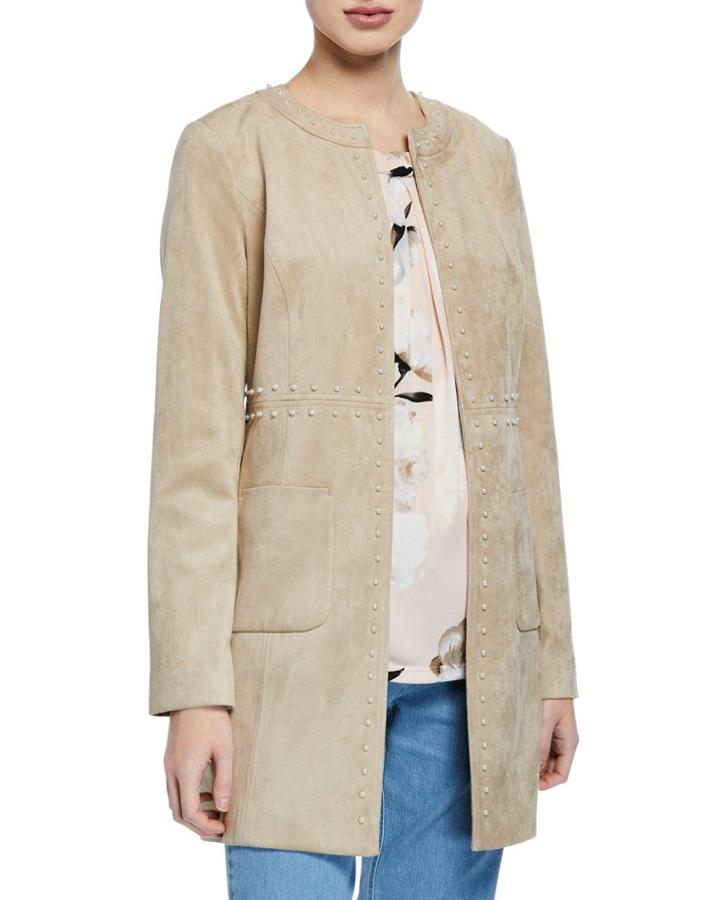 Pearly-trim Faux Suede Topper Jacket