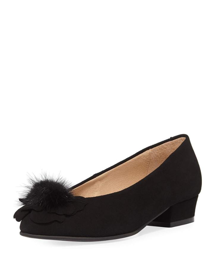 Ange Flower Fur Pouf Suede Pump, Black