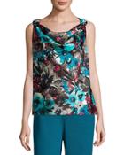 Silk-blend Cowl-neck Floral-print Top, Blue Pattern