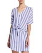 Striped Button-front Short-sleeve Tie-hem