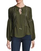Self-tie Lace-trim Peasant Blouse, Olive