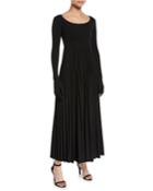 Scoop-neck Pleated Long Dress With Gloves
