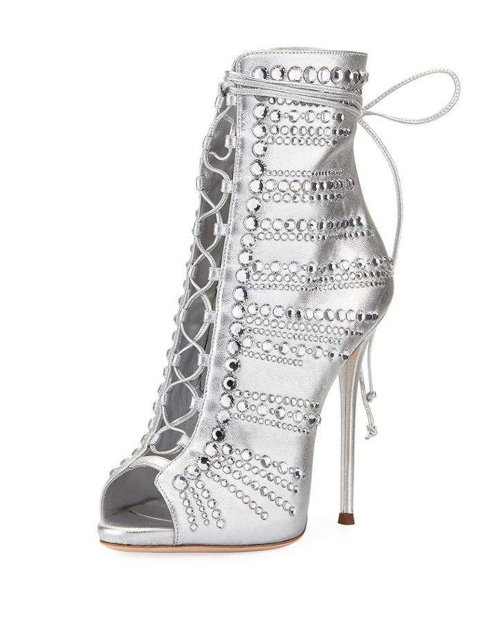 Embellished Metallic Leather Peep-toe Booties,