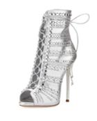 Embellished Metallic Leather Peep-toe Booties,