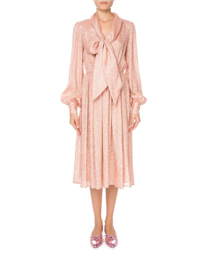 Shimmer Drape-neck Long-sleeve Dress