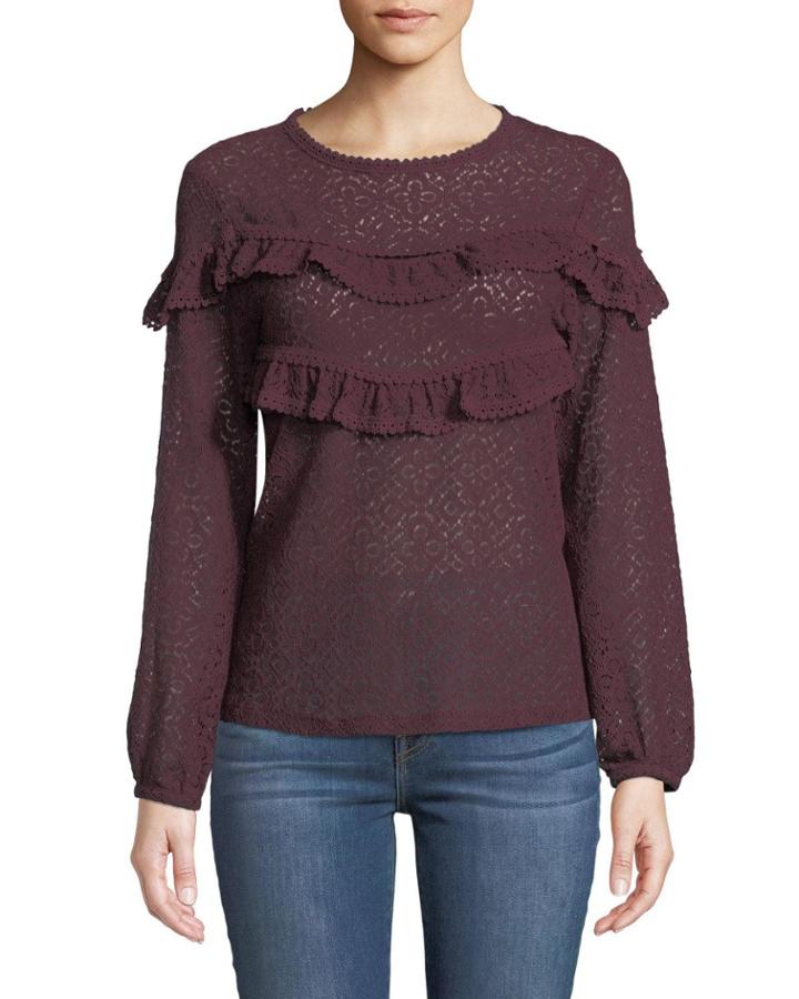 Medallion-lace Long-sleeve Ruffle-yoke Blouse