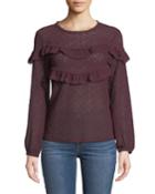 Medallion-lace Long-sleeve Ruffle-yoke Blouse