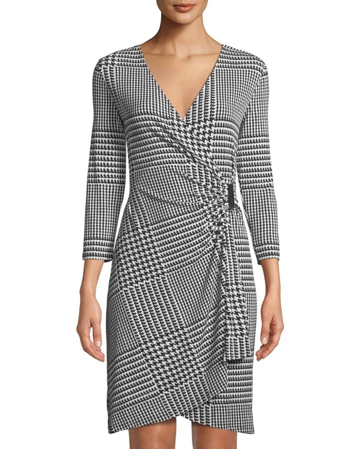3/4-sleeve Houndstooth-check Wrap Dress