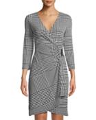 3/4-sleeve Houndstooth-check Wrap Dress