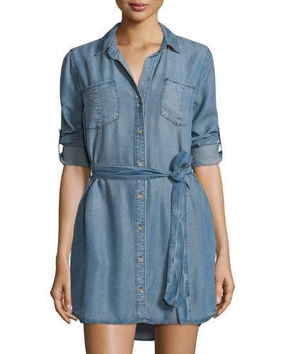 Roll-sleeve Button-front Shirtdress, Light Blue Denim