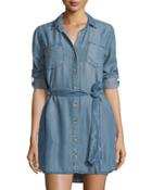 Roll-sleeve Button-front Shirtdress, Light Blue Denim