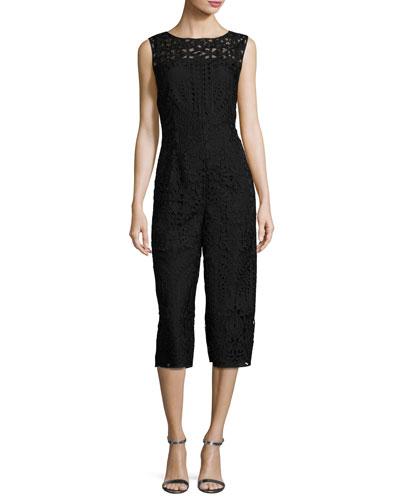 Embroidered Lace Cropped Jumpsuit, Black