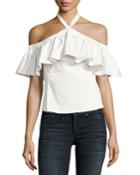 Cold-shoulder Halter-neck Ruffle Top, White