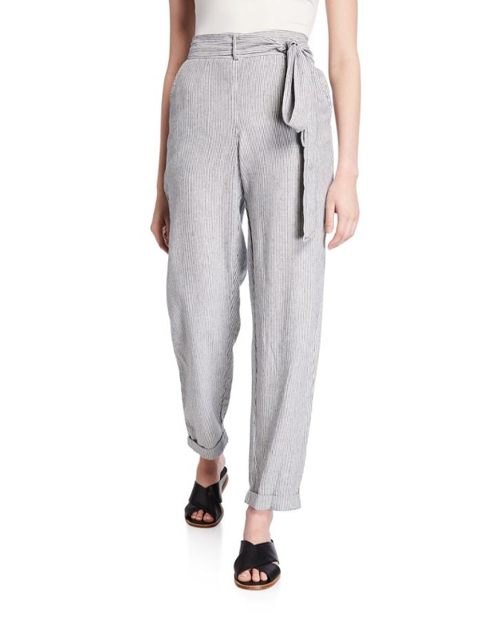 Striped Linen-blend Cropped Pants