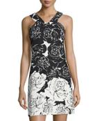 Floral-print Stretch-cotton Shift Dress, Black/white