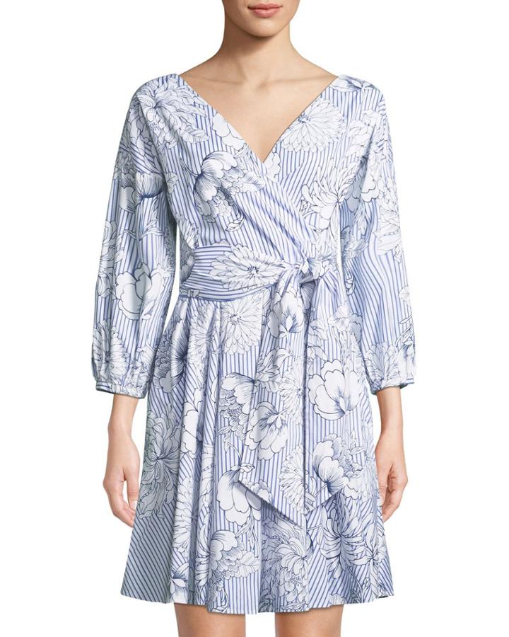 Floral-striped Poplin Wrap Dress