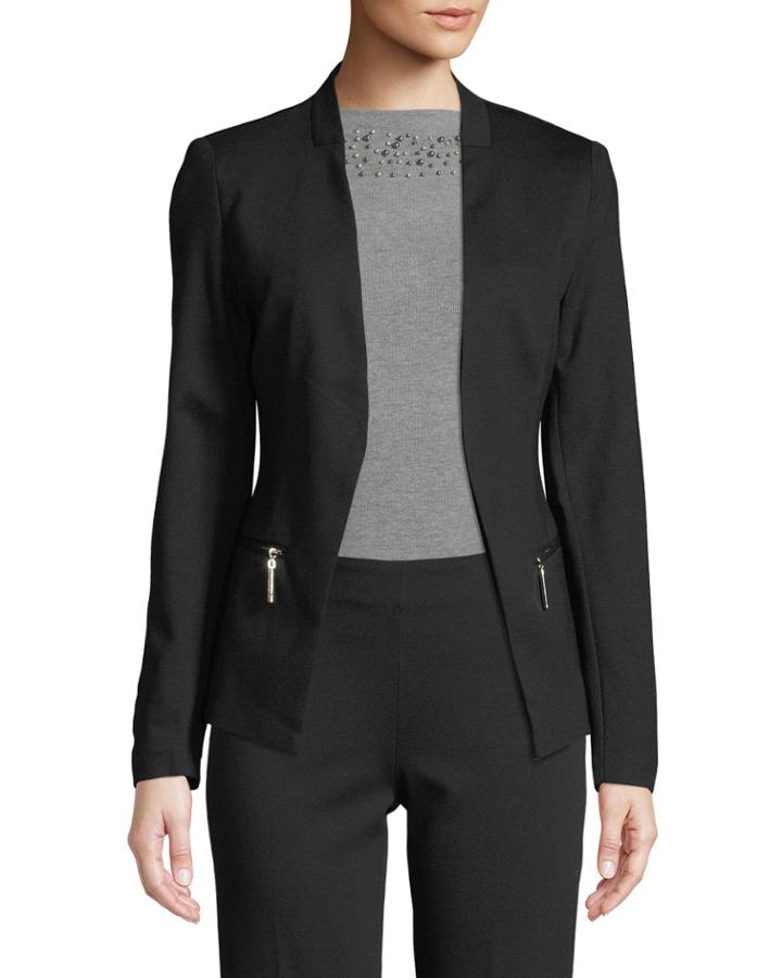 Zip-pocket Open-front Blazer Jacket