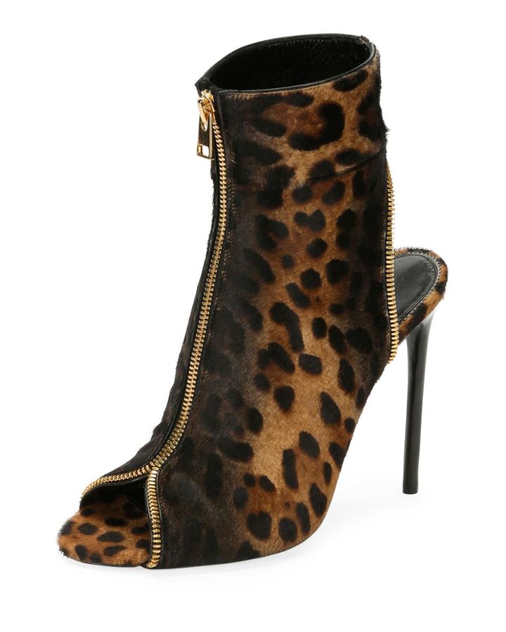 Leopard-print Zip Peep-toe Bootie, Black