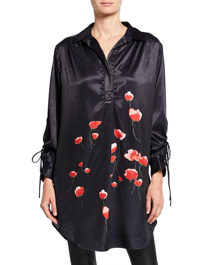 Collared Floral Ruched Sleeve Shirttail Tunic