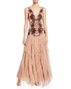 Metallic-embroidered Drape Tulle Evening Dress