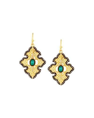 Old World Malachite Doublet Cross Drop Earrings W/ Sapphires & Diamonds
