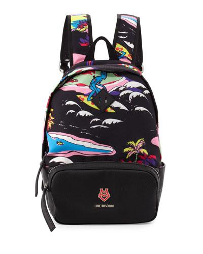Aloha-print Canvas Backpack, Black