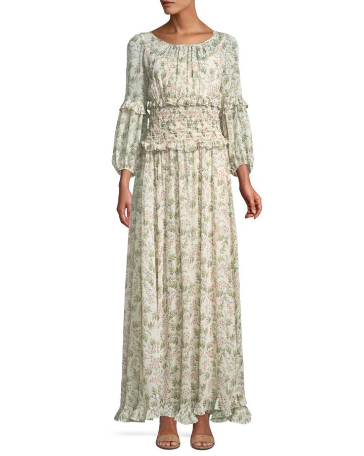 Floral Bubble-sleeve Smocked-waist