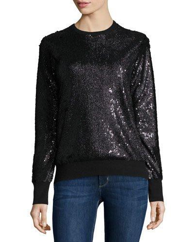 Shine Crewneck Sequined Sweatshirt, Black