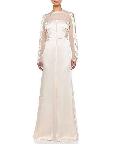 Crewneck Long-sleeve Pleated-back Gown