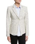 Striped Textured Single-button Blazer, White
