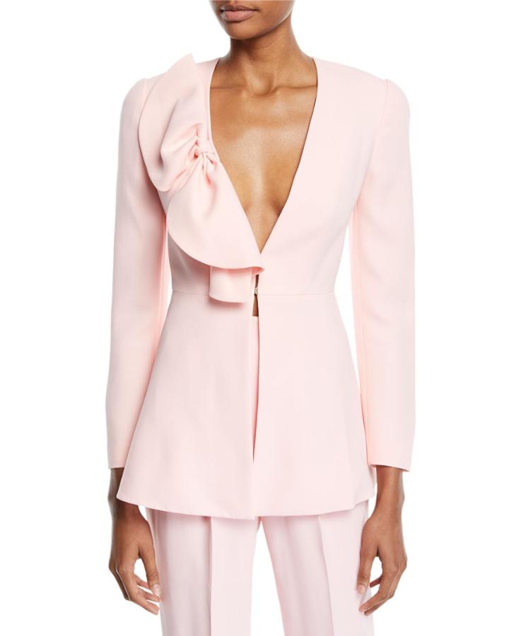 Deep-v Bow-detail Long-sleeve Crepe Jacket