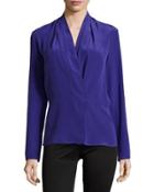 Pleated-shoulder Long-sleeve Blouse, Ultra Blue