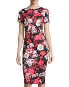 Short-sleeve Floral-print Neoprene Midi Dress, Red
