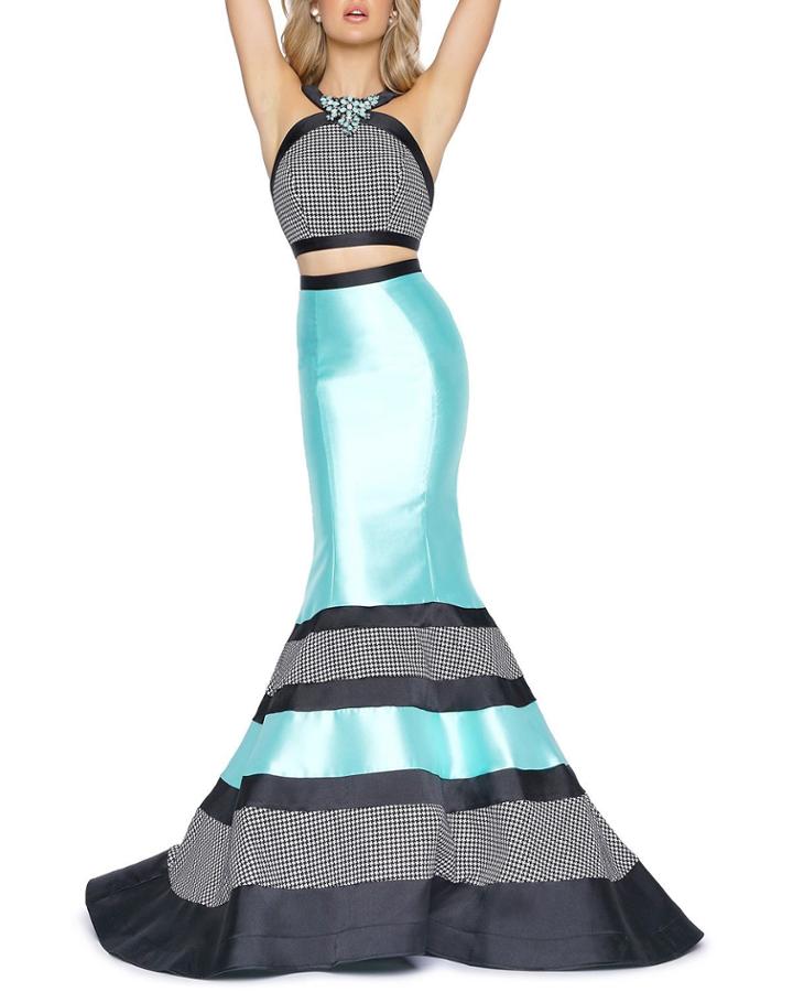 Houndstooth Satin Halter-neck Two-piece Gown