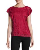 Ruffle-sleeve Lace-overlay Blouse, Red