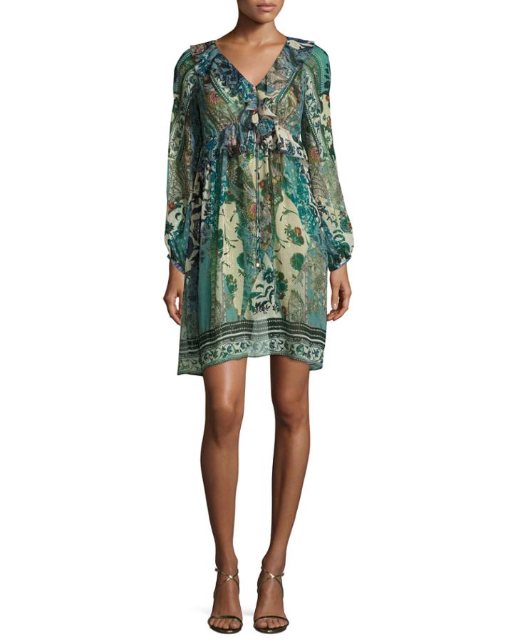 Floral Ruffled V-neck Dress, Blue