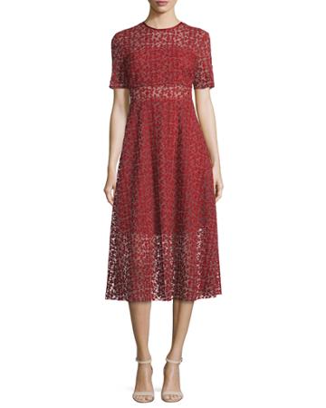 Short-sleeve Embroidered A-line Midi Dress, Red