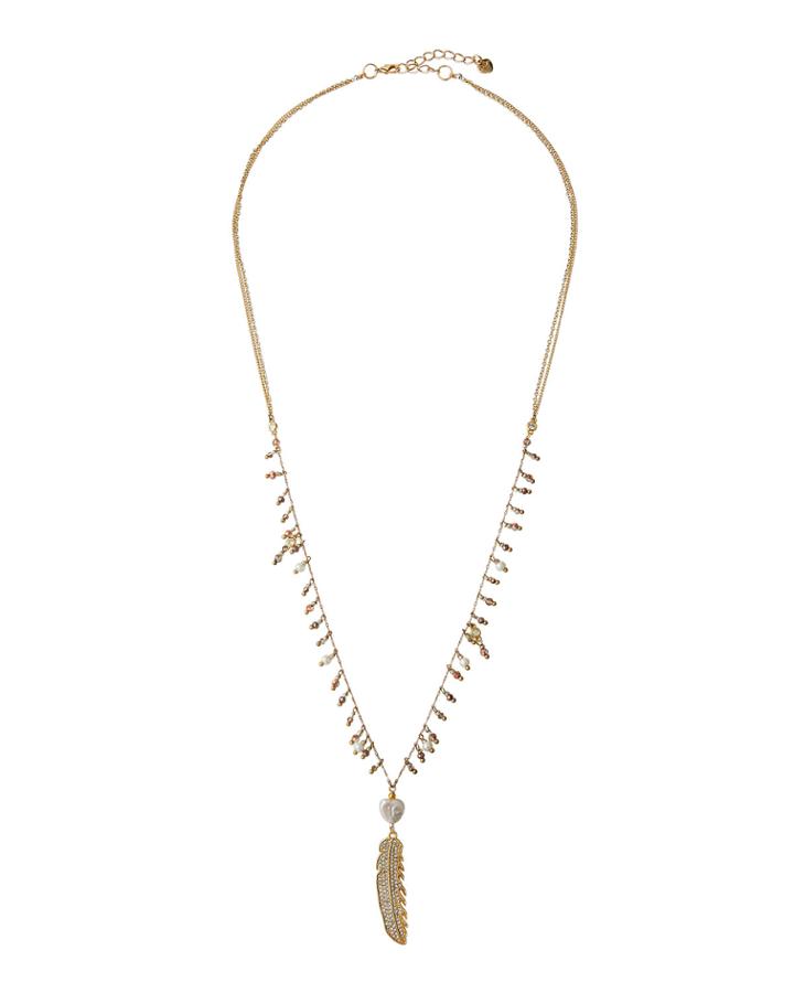 Pearl-mix Feather Pendant Necklace,