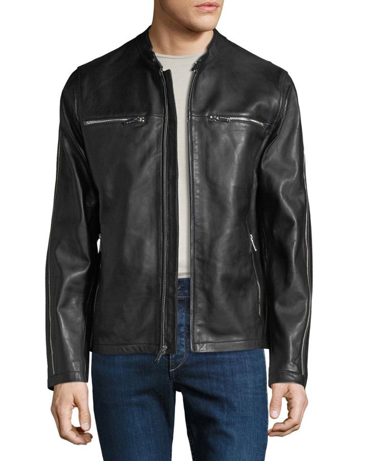 Men's Racer Leather Zipper-trim Bomber Jacket